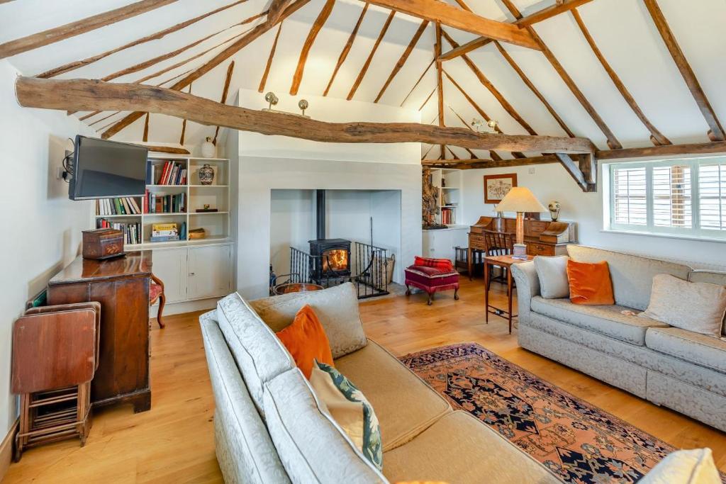 a living room with two couches and a fireplace at Blackford Farm Cottage in Warbleton