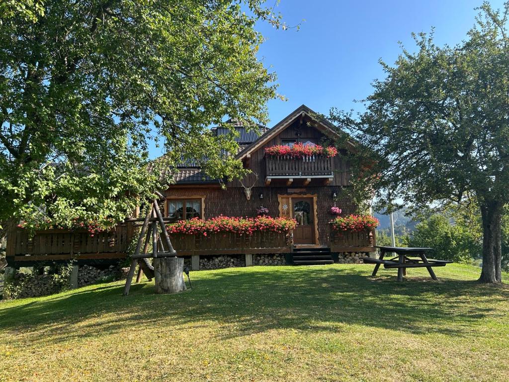 a log cabin with a picnic table in front of it at Casa Muchia lui Gîrniță in Braşov