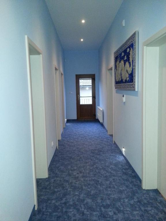 an empty hallway with blue walls and a door at Pension Sunset Mezirolí in Nová Role