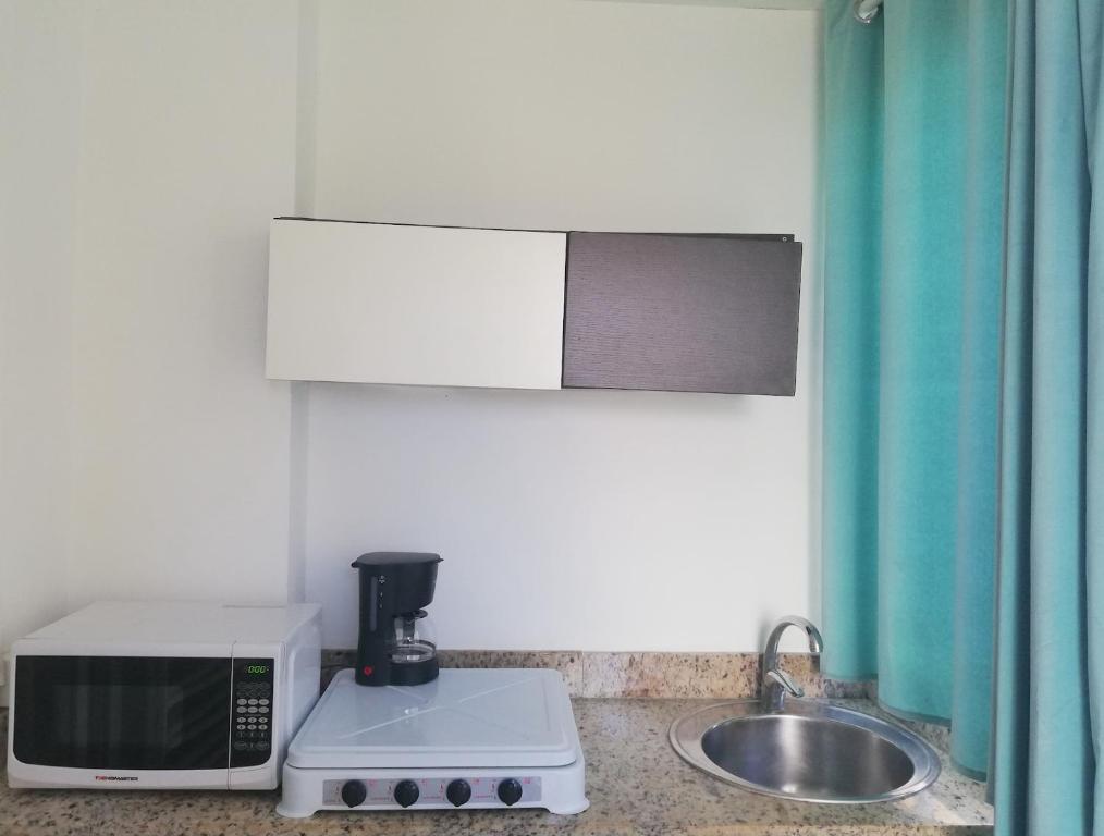 プンタ・カナにあるCondo 1bdr 1bth garden viewのキッチン(電子レンジ、シンク付)