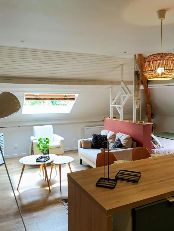 a living room with a couch and a table at Studio 14 Un véritable cocon en Centre Ville in Bagnères-de-Bigorre