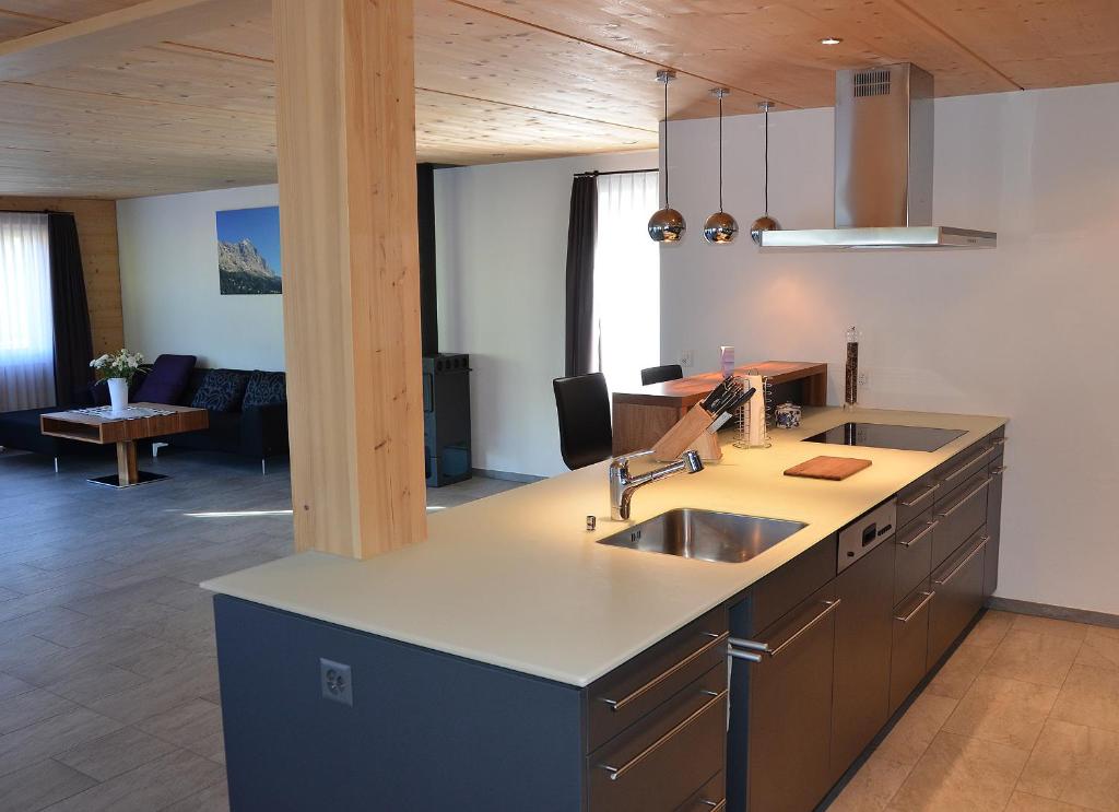 a kitchen with a sink and a living room at Apartment Renata in Grindelwald