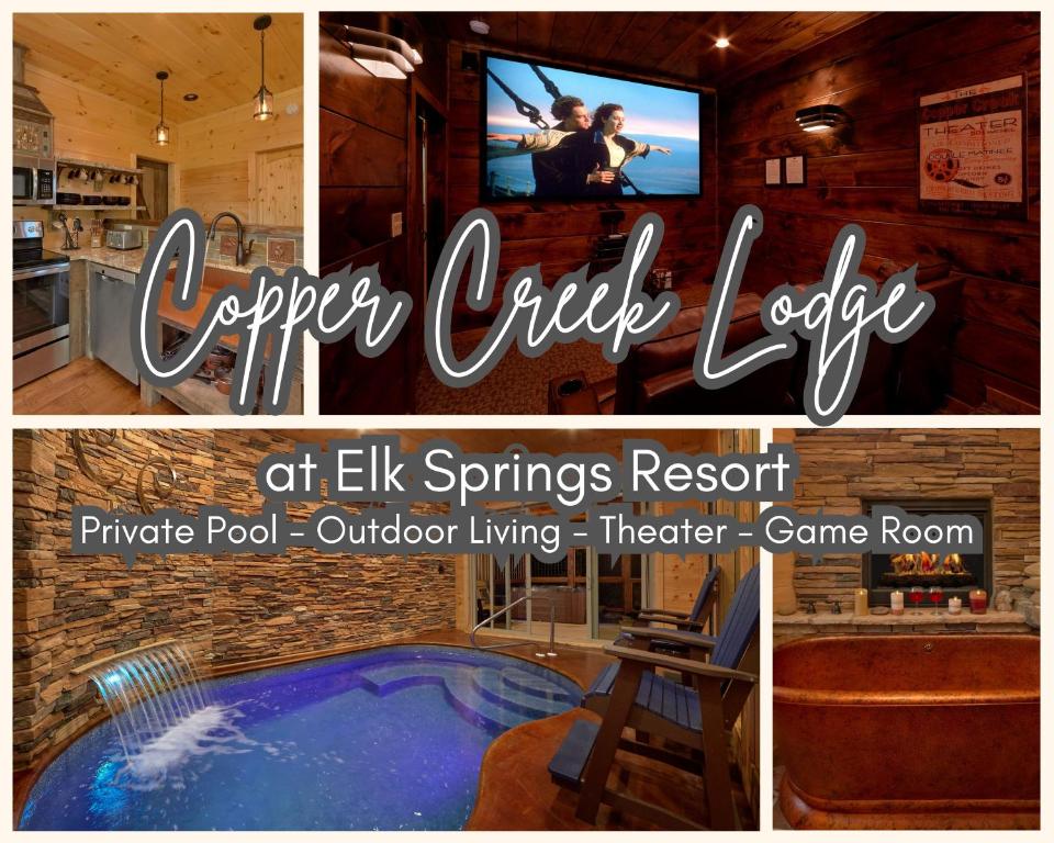 ガトリンバーグにあるCopper Creek Lodgeのプール付きのホテルの部屋の写真3枚のコラージュ