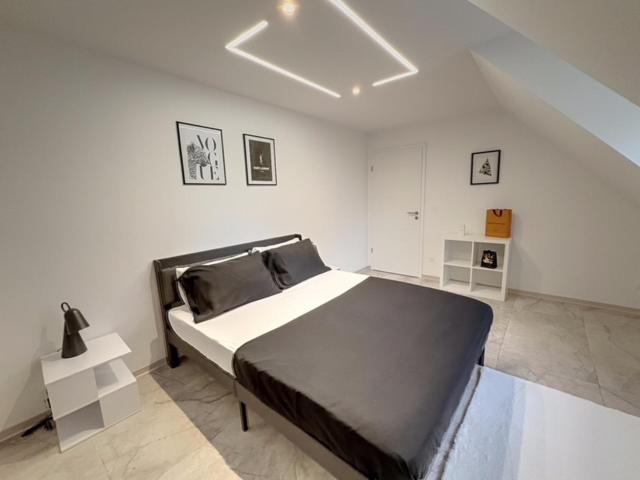 ロスハイムにあるLes suites du lionの白い部屋に大型ベッド1台が備わるベッドルーム1室が備わります。