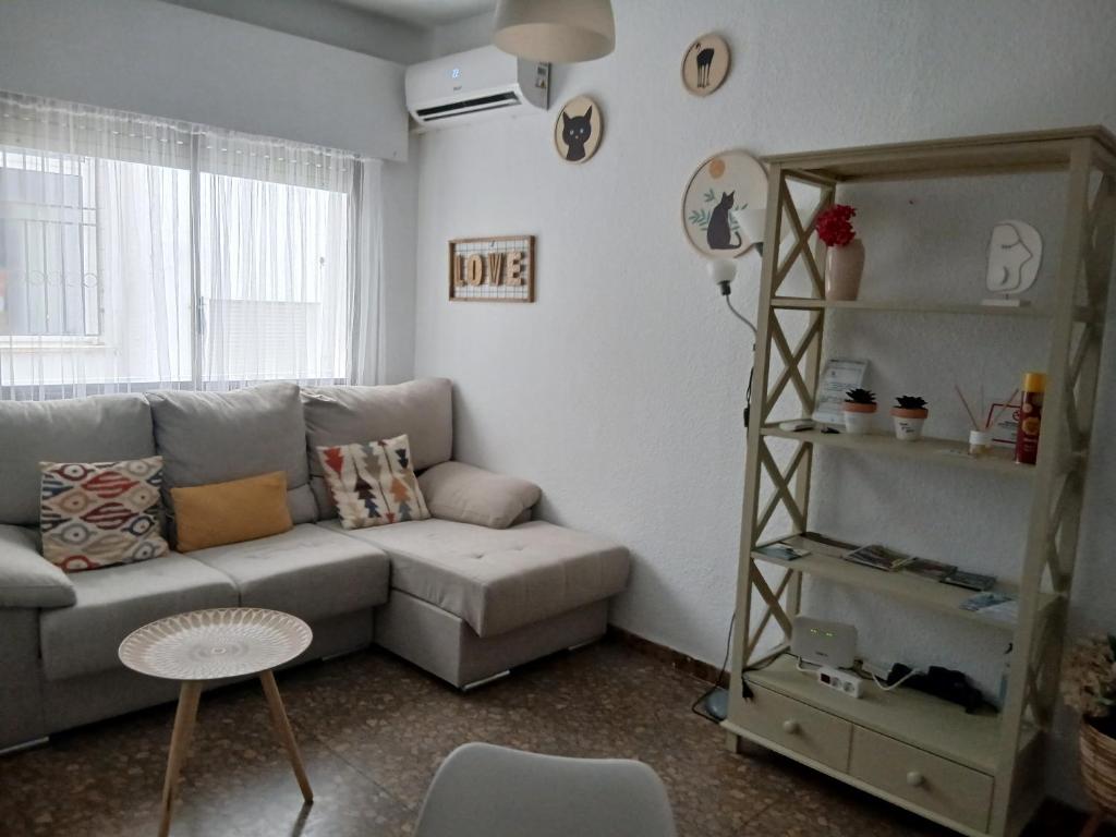 sala de estar con sofá y estante en Apartamento Huelva Centro, en Huelva