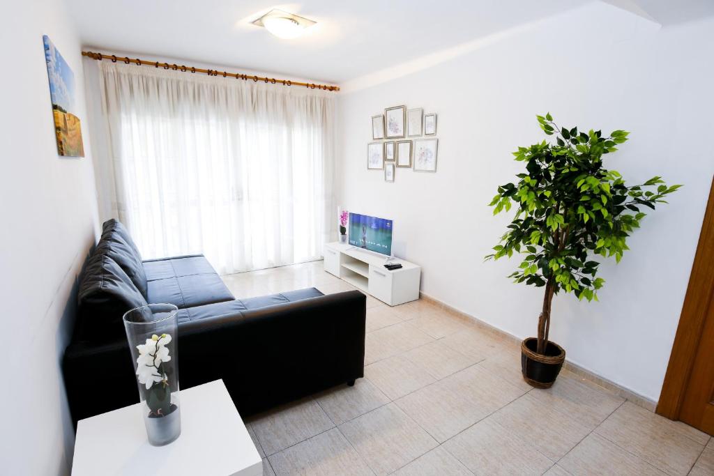 een woonkamer met een zwarte bank en een plant bij Pineda 5 Planetcostadorada in La Pineda