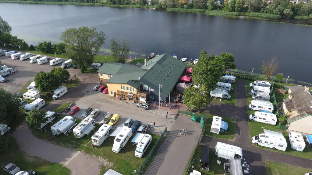 an aerial view of a marina with boats parked at Konse Motel and Caravan Camping in Pärnu