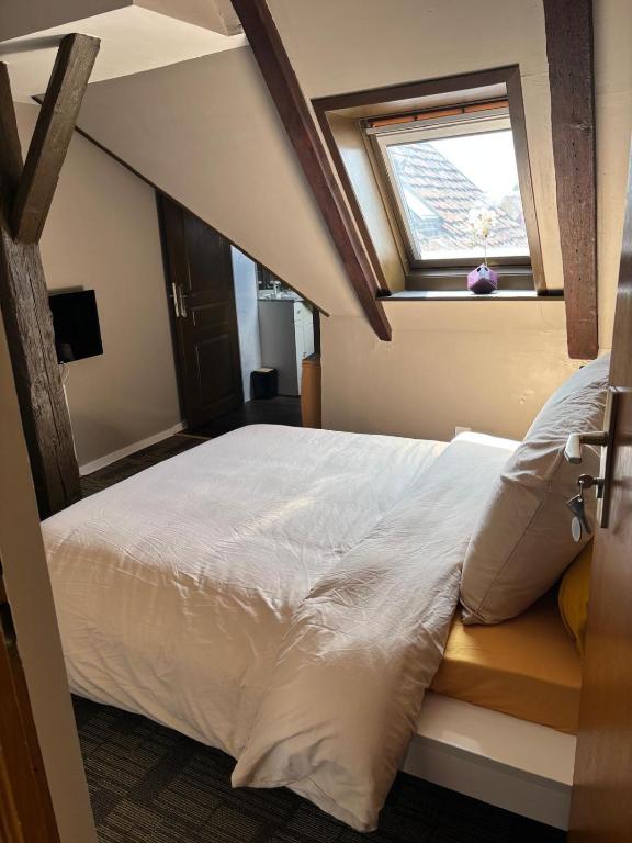 a bedroom with a large bed with a window at Kalon - La Bonne Étoile in Kogenheim