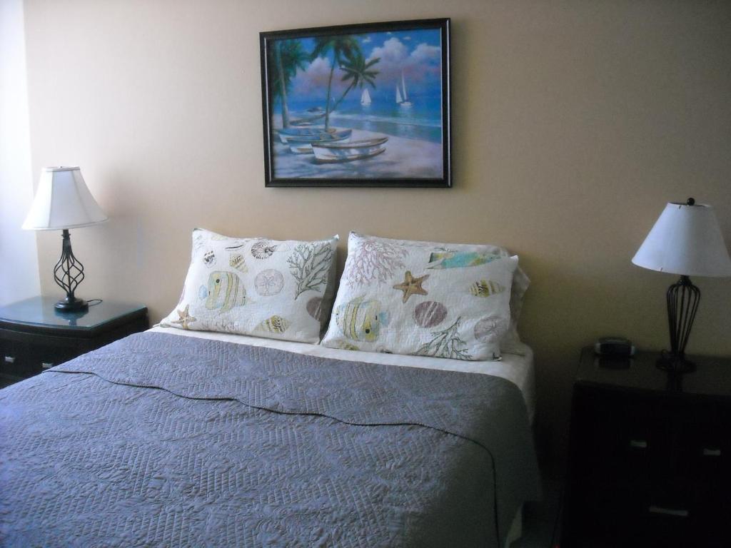 1 dormitorio con 1 cama con almohadas y una pintura en la pared en Ocean Front Apartment, en Luquillo