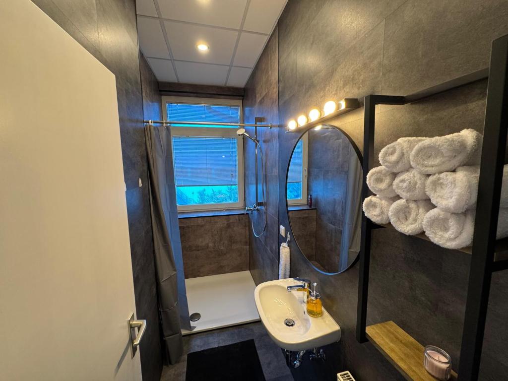 ein Badezimmer mit Waschbecken und Spiegel in der Unterkunft Stilvolles & klimatisiertes Loft mit Ausblick in die Ferne in Sankt Leon-Rot