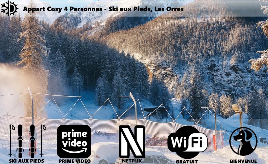 a poster for a ski resort with snow covered trees at Appart Cosy 4 Personnes - Ski aux Pieds, Les Orres in Les Orres