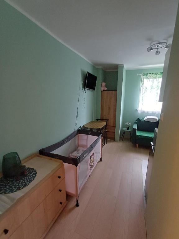 Habitación con 1 dormitorio con 1 cama y TV. en Studio Joasi, en Elbląg