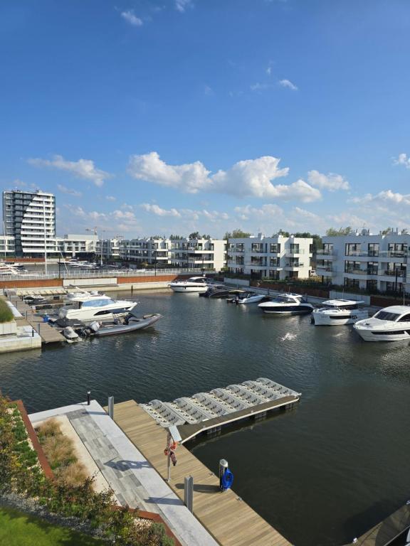 Un puerto deportivo con barcos en el agua y edificios. en Sol Marina Apartament Marina Blue, en Wiślinka