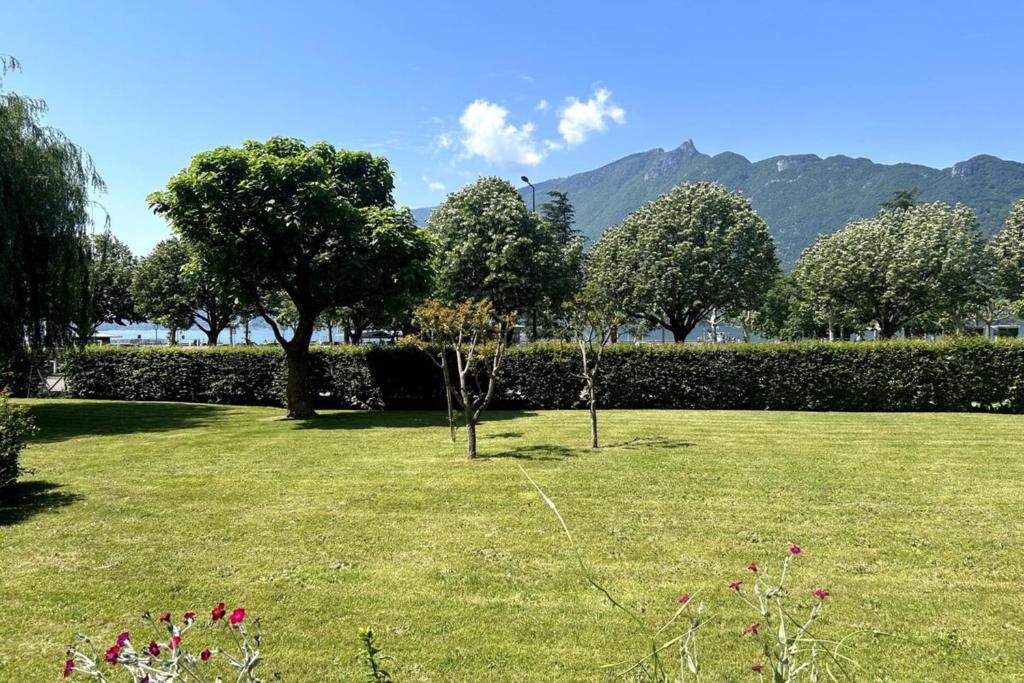 a field of grass with trees and a hedge at Studio bord du lac terrasse in Aix-les-Bains