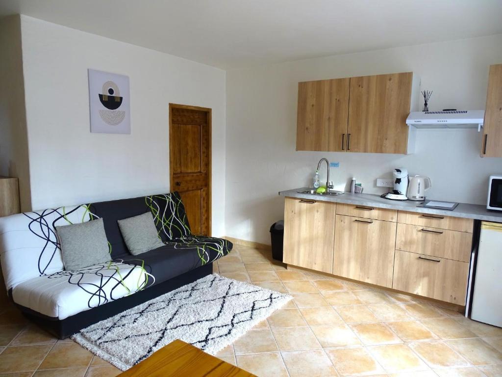 a living room with a couch and a kitchen at Le Gite au coin du feu in Cabannes