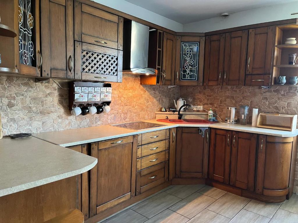 eine Küche mit Holzschränken und einer Spüle in der Unterkunft Apartamenty u Natana in Krzeszów