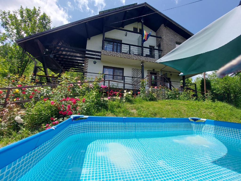 a house with a swimming pool in front of a house at Casuta cu Trandafiri in Slănic