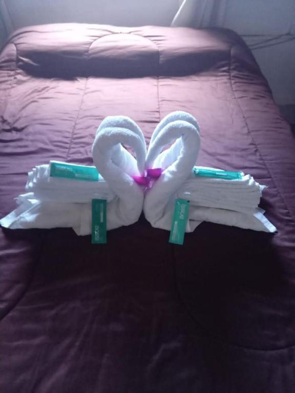 two swans made out of towels on a bed at Della monica in Tinogasta