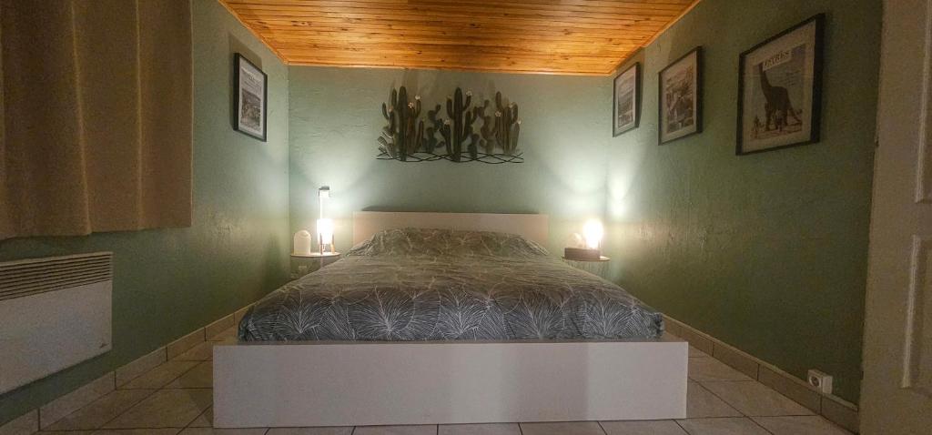 een slaapkamer met een bed in een groene muur bij Studio Tranquillo avec piscine et salle de sport in Istres