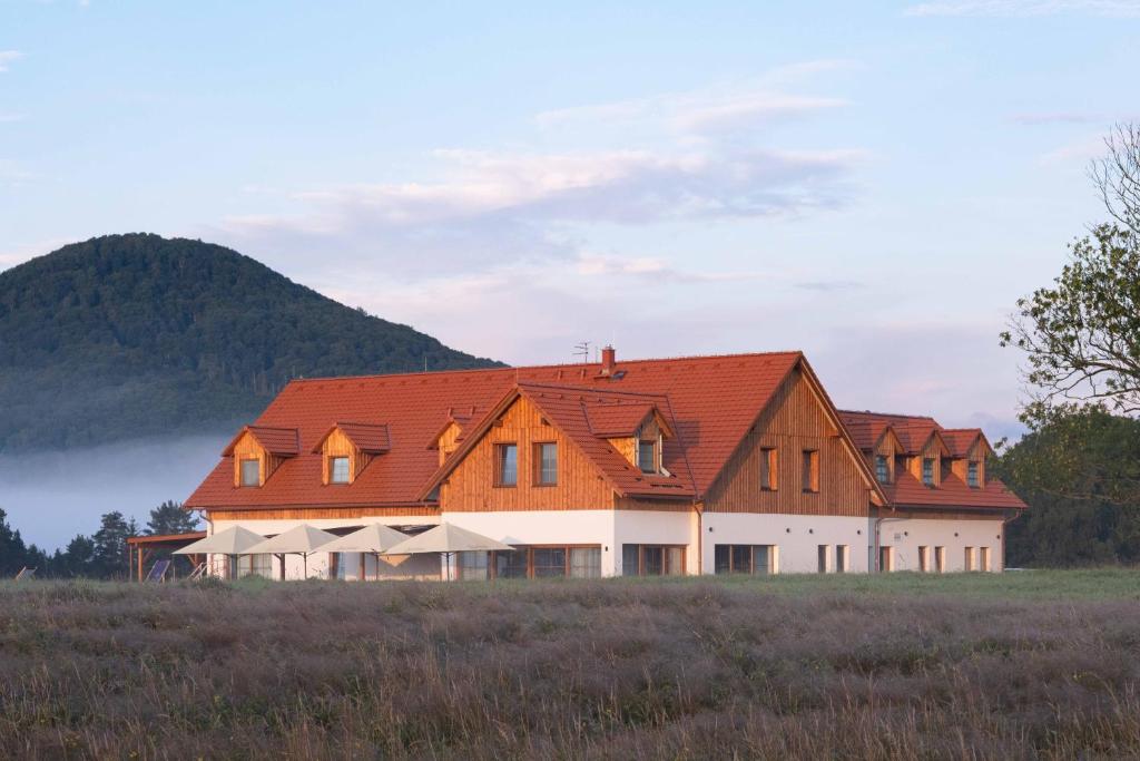 a house with a red roof in a field at Resort Vysoká Lípa in Jetřichovice
