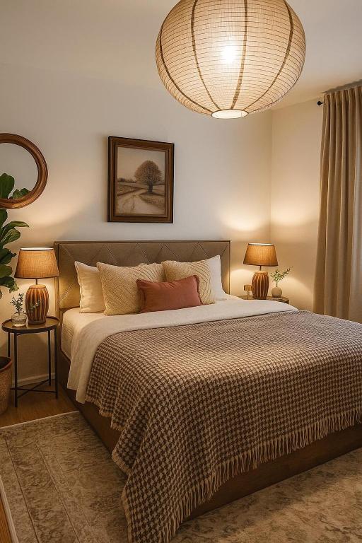a bedroom with a large bed with two lamps at Altun's Home in Trabzon