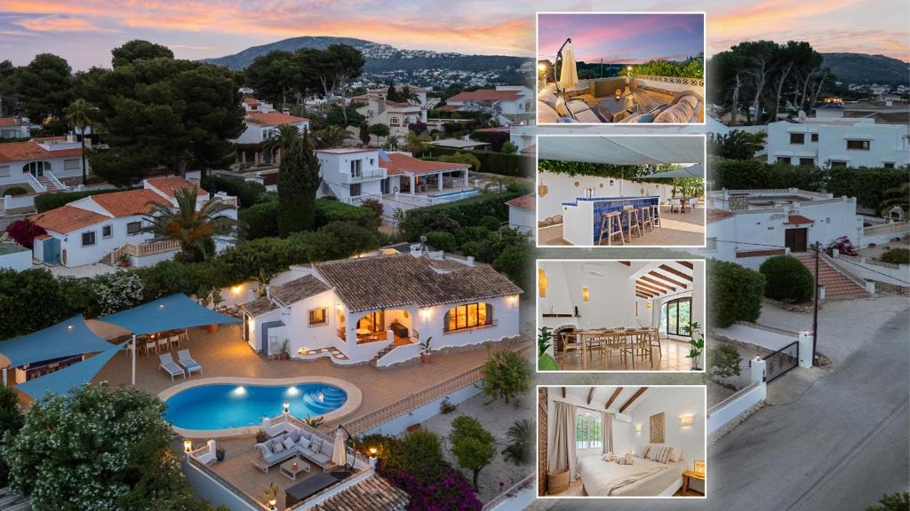eine Collage mit Fotos eines Hauses in der Unterkunft Villa Sunset Moraira mit eigenem Pool, Strandnähe, Klimaanlage, Heizung, Outdoor-Küche, Grill in Teulada