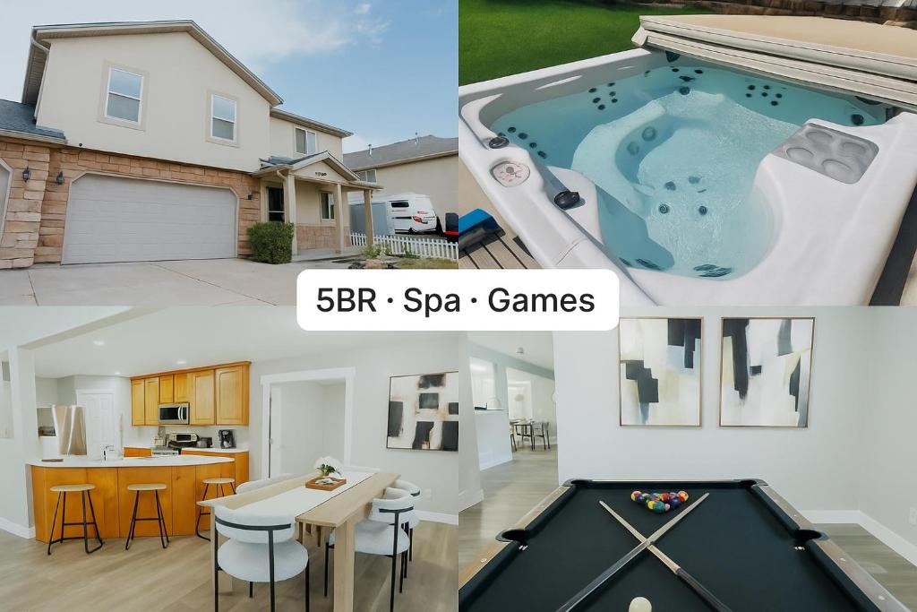 a collage of photos of a house with a swimming pool at 3240 Sqft Family-Friendly Retreat l Salt Lake Area in West Jordan