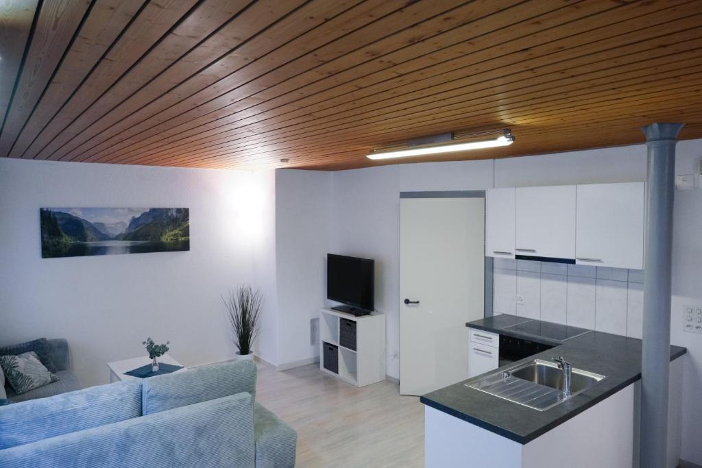a kitchen and living room with a wooden ceiling at Apartment Goldey in Unterseen