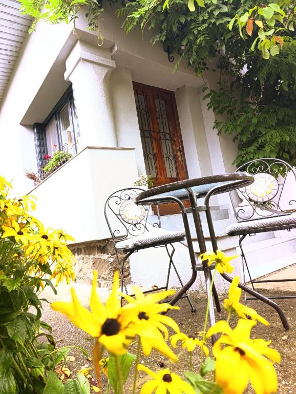 una mesa, sillas y flores frente a una casa en Casa cu trandafiri, en Baia Mare
