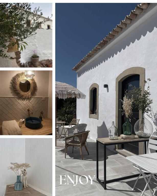 a collage of photos of a house with a table and chairs at Monte do Luar in São Brás de Alportel