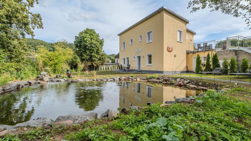 a building and a pond in front of a building at Ferienwohnungen Mäusenest in Neroth