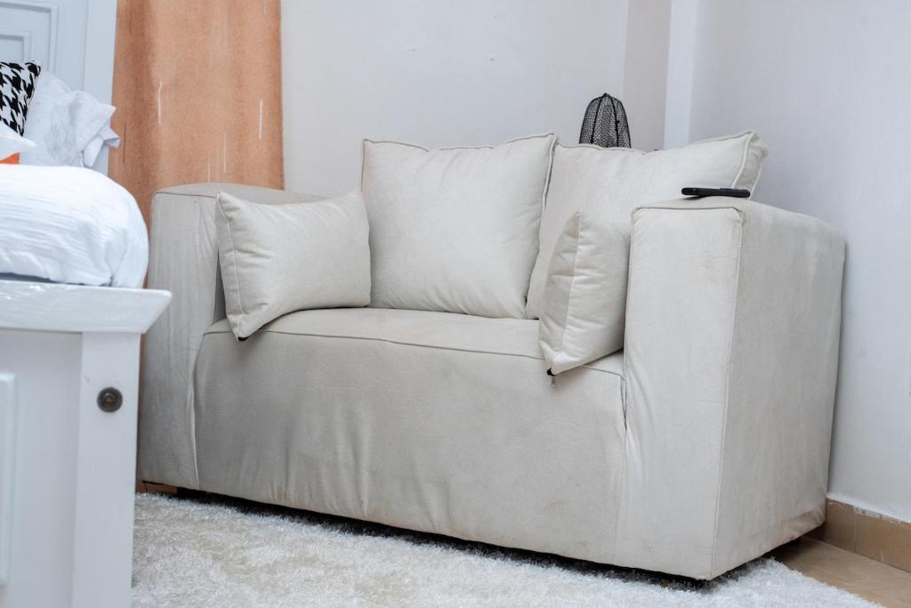 a white couch with pillows in a living room at Couple-Friendly Studio Apartment In Pangani in Nairobi