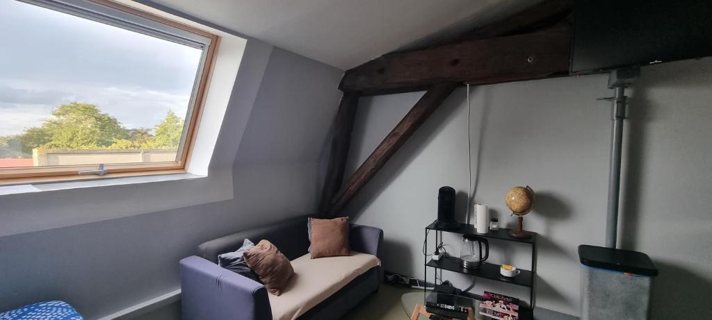 a living room with a couch and a window at Ines parking rénové proche cité congrès cocon cosy 23m2 in Anzin
