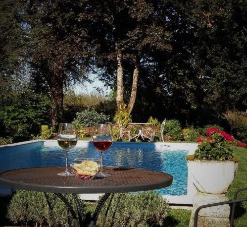 a table with two glasses of wine next to a pool at Manoir du Bois Mignon in Le Fleix