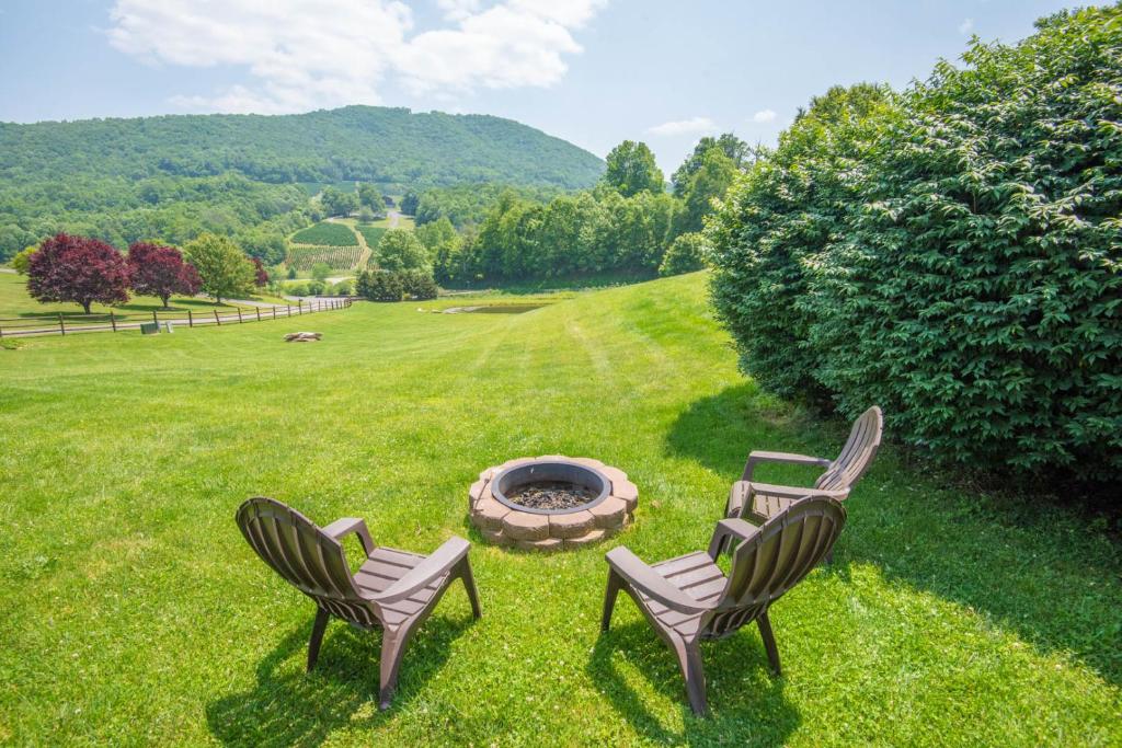due sedie e un focolare nell'erba di Mnt Views, Fire Pit, Hot Tub, Fishing Pond, Sleeps 6 a Beaver Creek