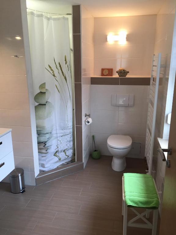 a bathroom with a toilet and a shower curtain at Fewo Ramin in Felchow