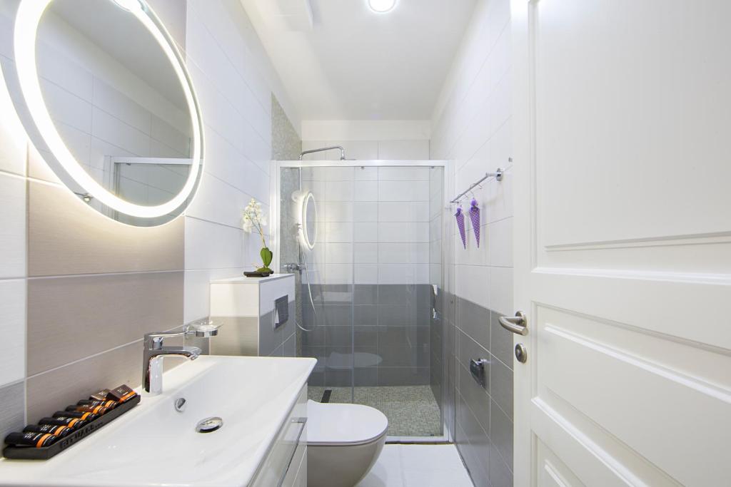 a bathroom with a sink and a toilet and a mirror at Boutique Hotel Melissa in Poreč
