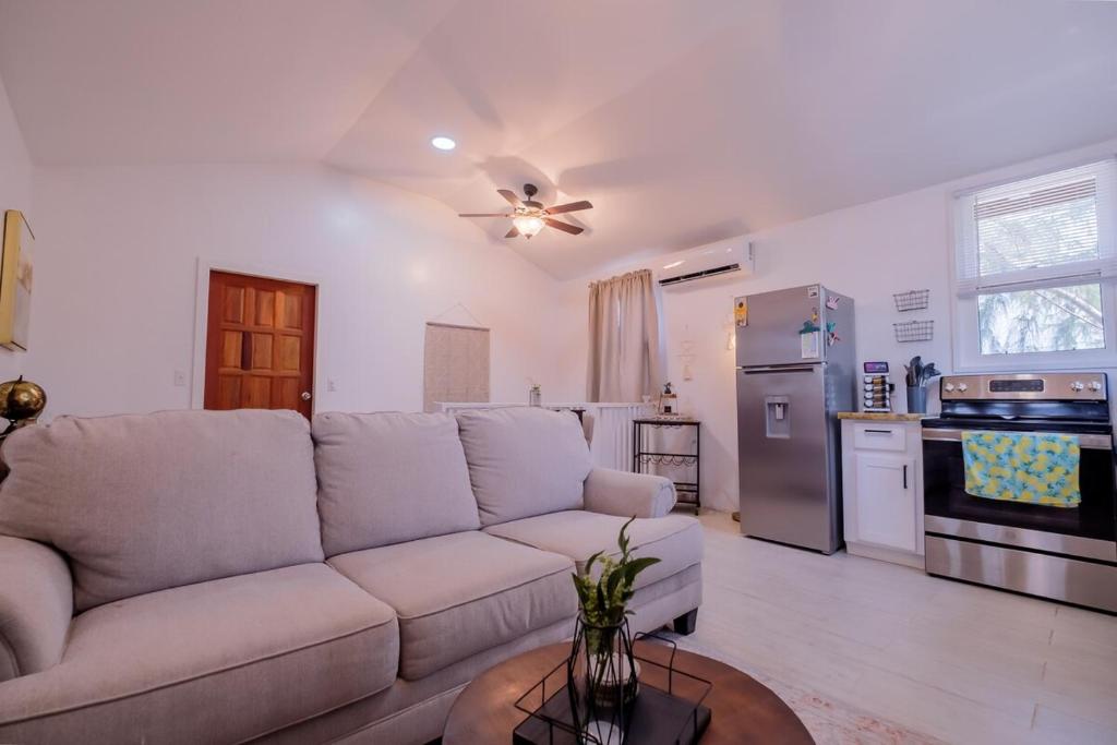 un salon avec un canapé et une cuisine dans l'établissement Casa Sirena Belize! Sirena House, à Caye Caulker