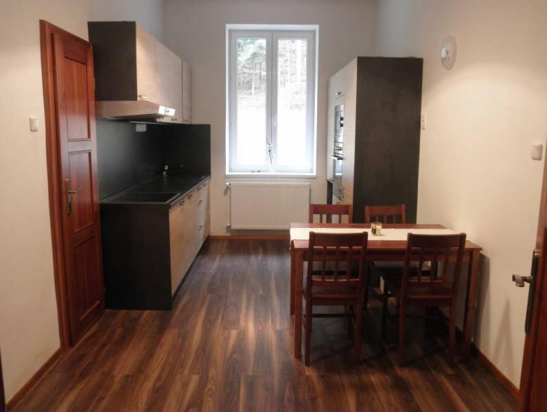 a kitchen with a table and chairs in a room at Ski Bike Hike Apartment in Jáchymov