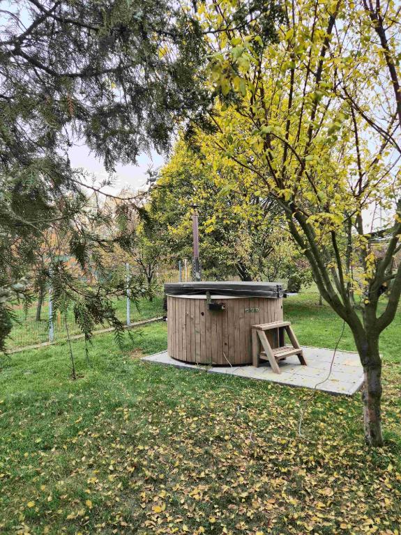 a wooden bench and a picnic table in a park at Dana's House in Râşnov