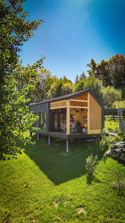 SohodolDoza de Verde Retreat&Spa Bran-Adults Only的一座小房子,位于一个绿色草坪的庭院内