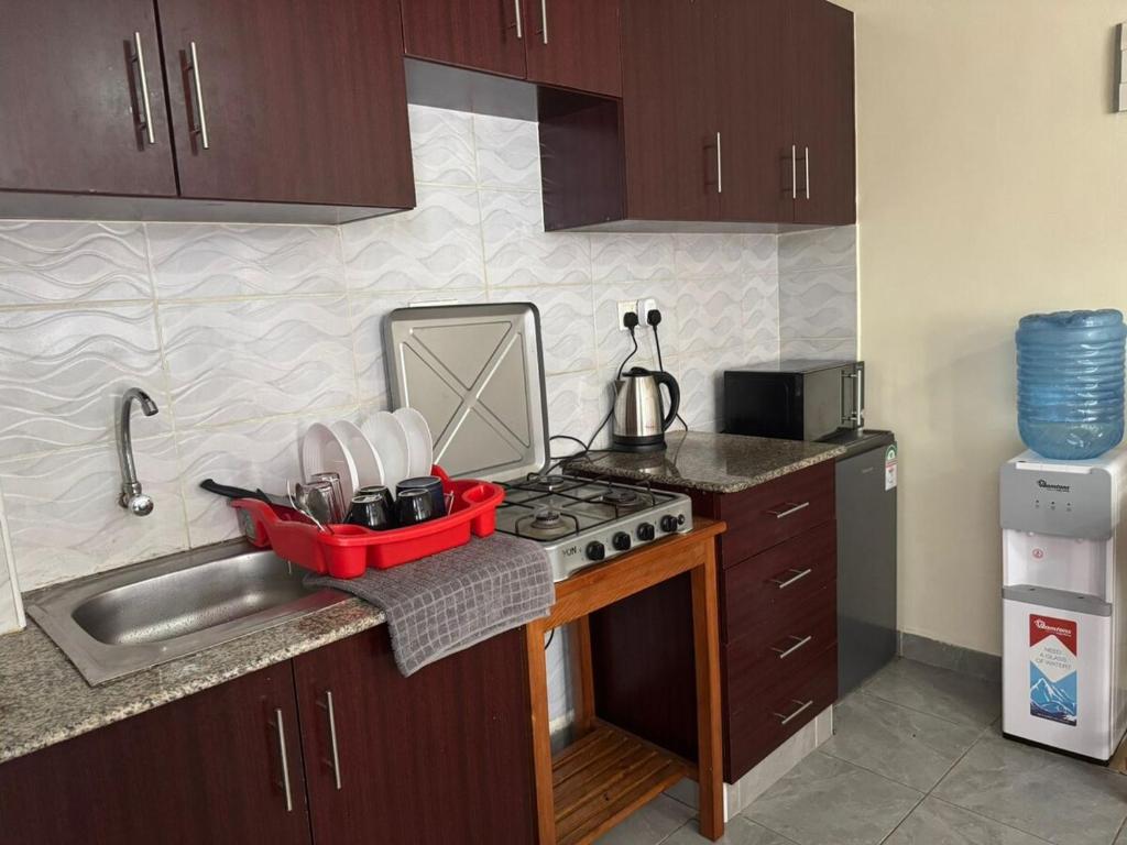 eine kleine Küche mit Herd und Spüle in der Unterkunft Ikulu in Kisumu