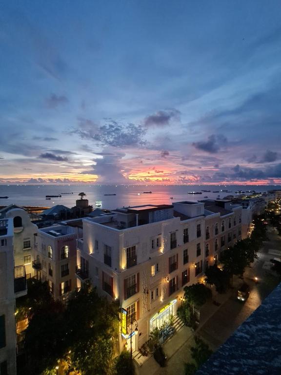 an aerial view of a building at night at Hotel Dell' Alba in Phú Quốc