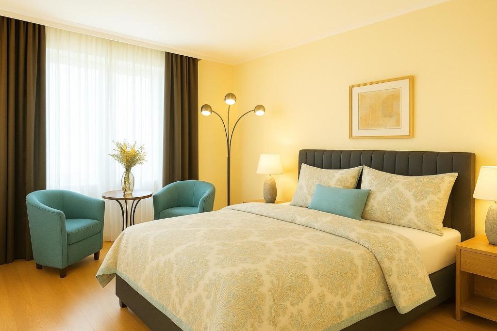 a bedroom with a bed and two blue chairs at The Soho Altstadt Relais in Düsseldorf