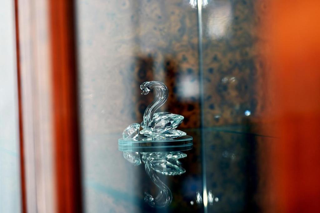 a glass swan ornament on a glass door at Lihnidos Home, Central Apartment, AC, Lake Access, Beach in Ohrid