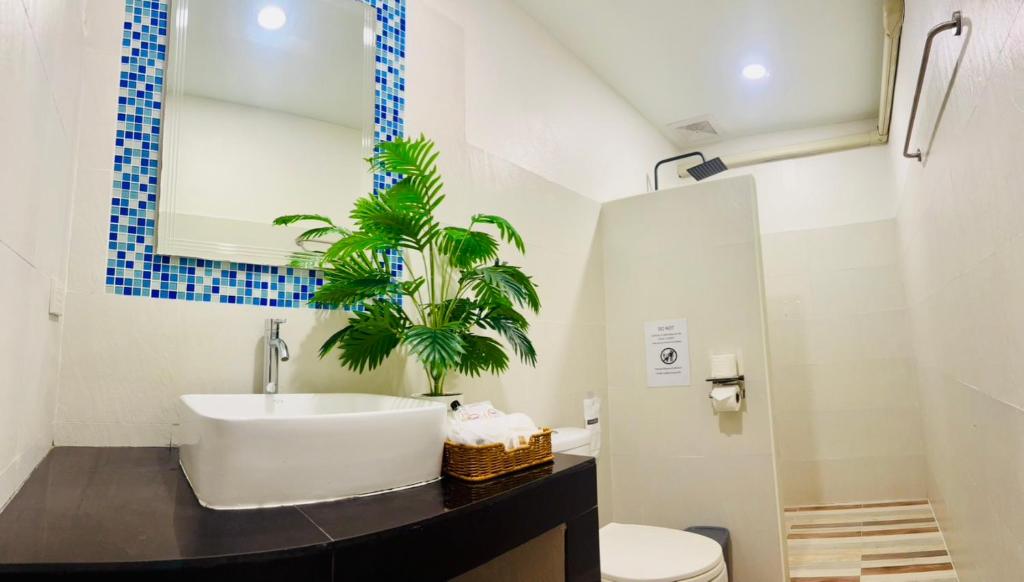 a bathroom with a sink and a plant on a counter at The Strand Resort Samui in Ban Ko Khwan
