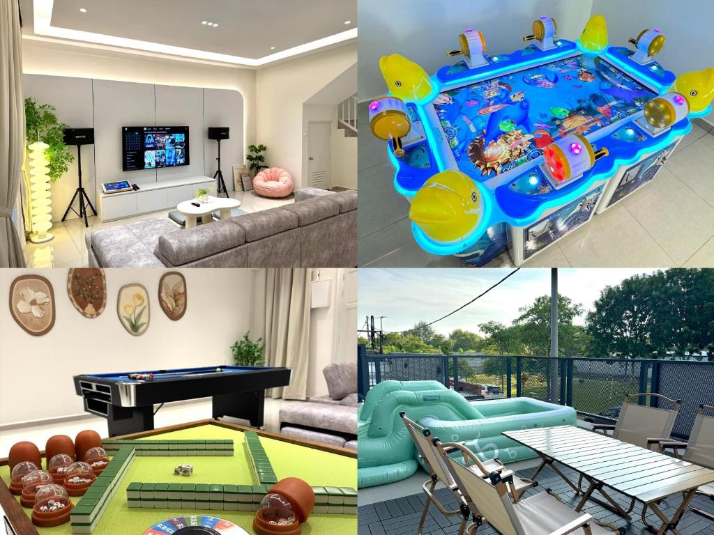 un collage de fotos de una sala de estar con mesa de billar en RR Muguang Villa, en Melaka