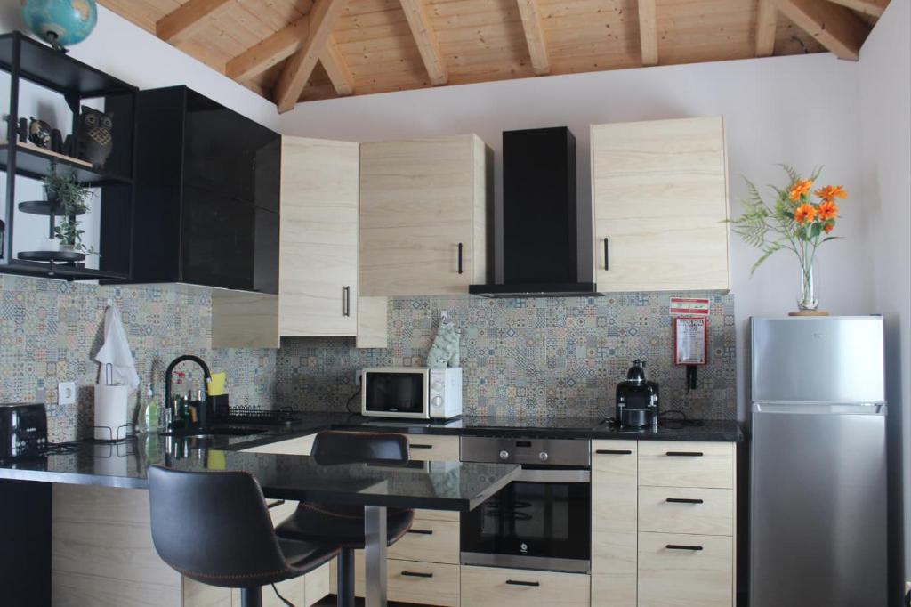 a kitchen with black cabinets and a stainless steel refrigerator at Villa Barbosa in Quintiães
