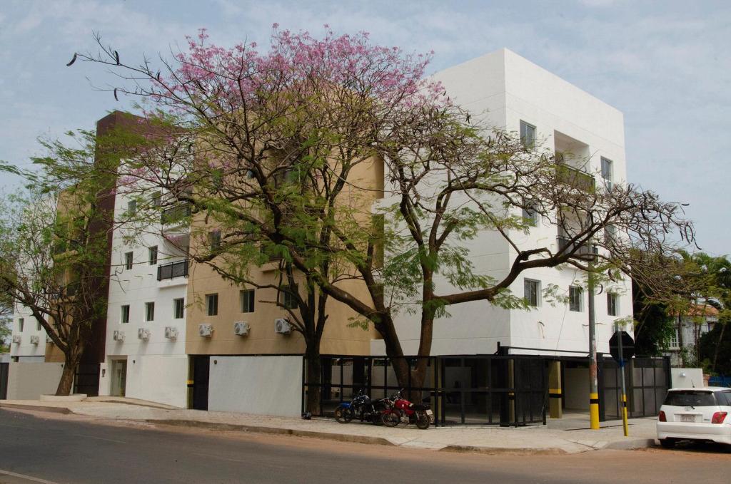 Un edificio blanco con un árbol delante. en Apartamento, en San Lorenzo