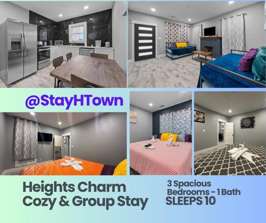 eine Collage mit verschiedenen Bildern eines Zimmers in der Unterkunft Heights Charm Cozy & Group Stay - Sleeps10 in Houston